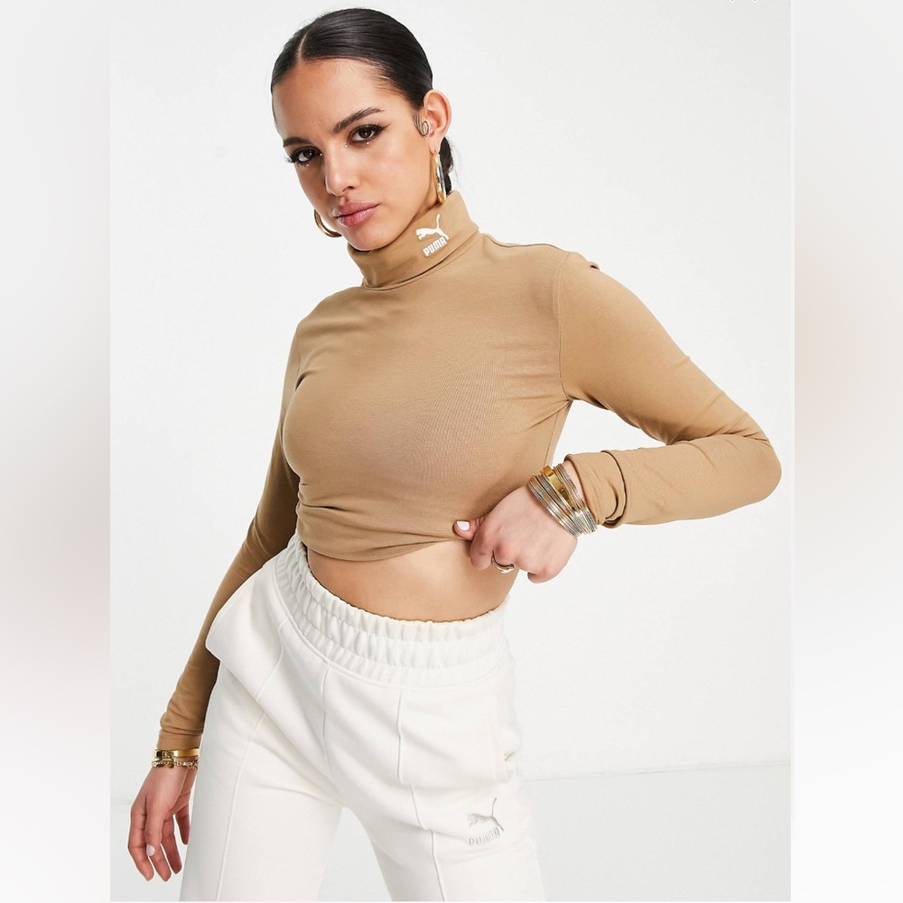 Puma Long Sleeve Turtle Neck Layering Neutral Cotton Top Tan Size XL‎